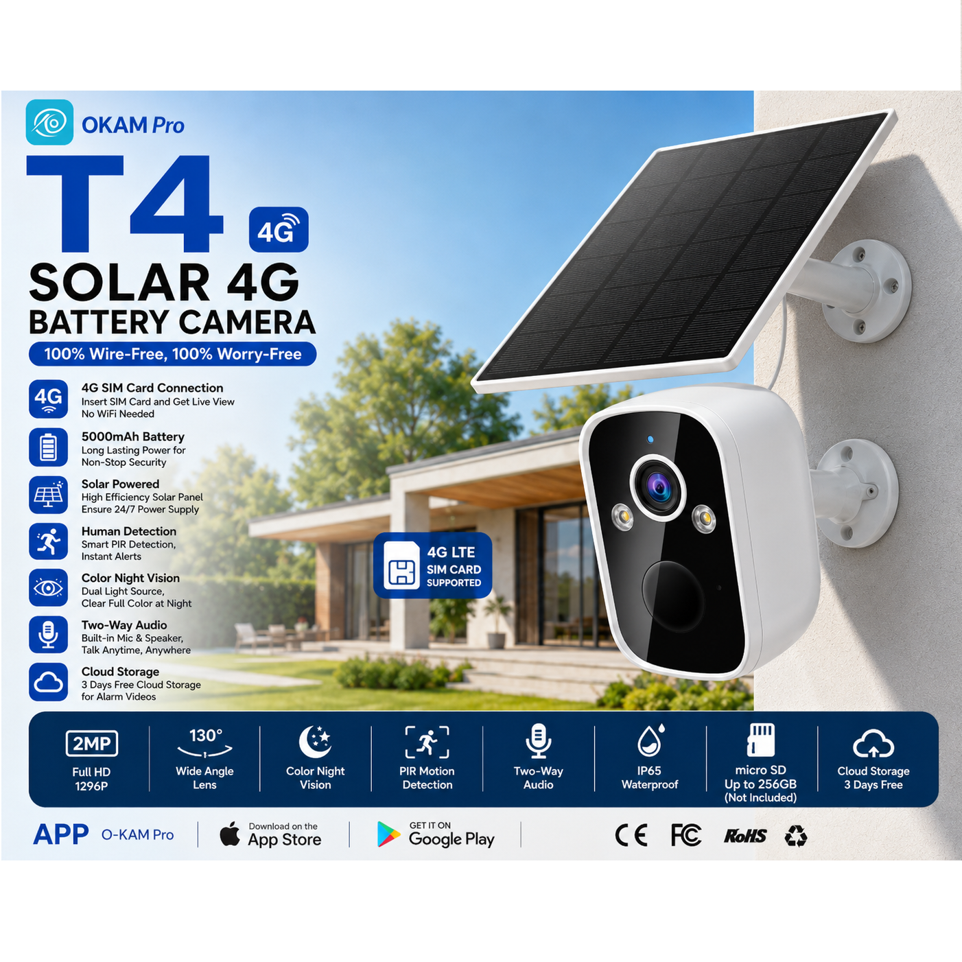 دوربین تک  لنز سولار سیمکارتی با باتری داخلی okam pro T4