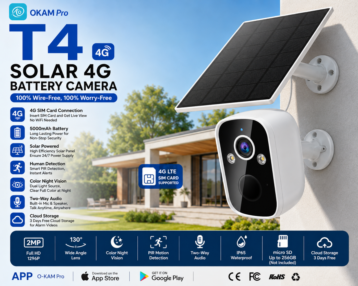 دوربین تک  لنز سولار سیمکارتی با باتری داخلی okam pro T4